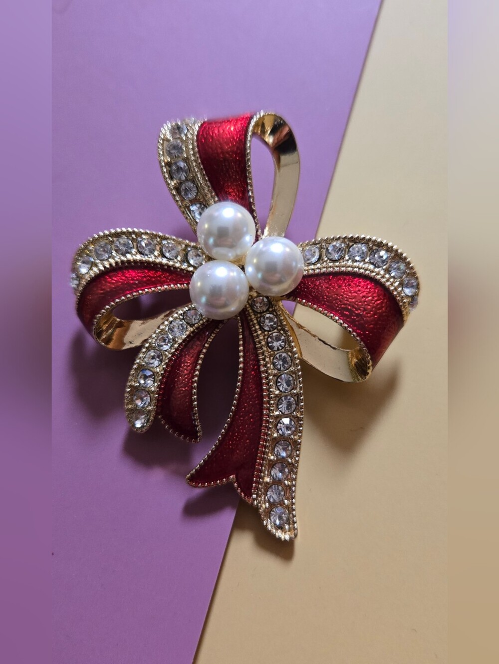 Napier Gold-Tone Red Enamel Bow Brooch with Pearls and Rhinestones